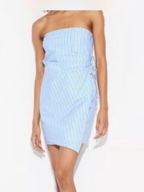 wild fable Strapless Light Blue Pinstripe Wrap-Style Dress